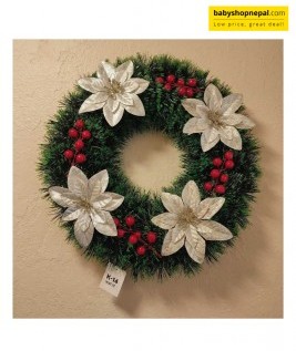 Artificial White/Silver Poinsettia Flower Christmas Wreath-1