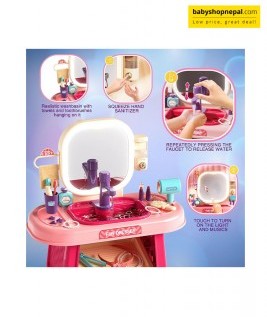 Pretend Play Girls Makeup Table Set with Stool, Kids Vanity Set with LED Lighted Mirror and Music, Beauty Salon Set with Makeup Accessories & Wash basin, Girls Vanity for Toddlers 3-8 Years Old 4