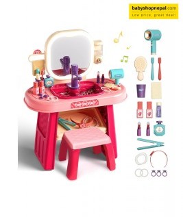 Pretend Play Girls Makeup Table Set with Stool, Kids Vanity Set with LED Lighted Mirror and Music, Beauty Salon Set with Makeup Accessories & Wash basin, Girls Vanity for Toddlers 3-8 Years Old 3