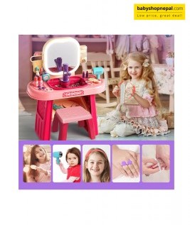 Pretend Play Girls Makeup Table Set with Stool, Kids Vanity Set with LED Lighted Mirror and Music, Beauty Salon Set with Makeup Accessories & Wash basin, Girls Vanity for Toddlers 3-8 Years Old 15